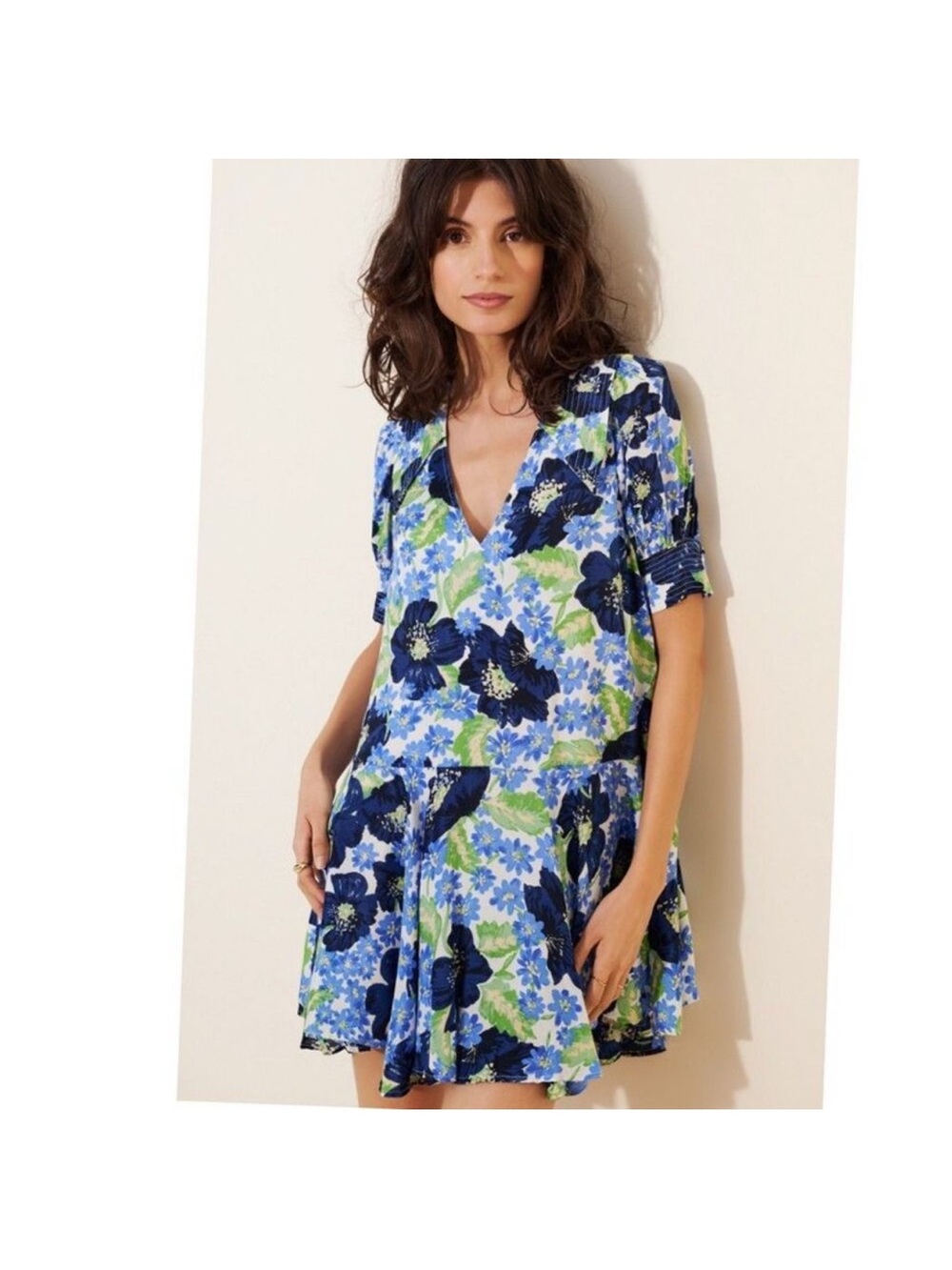 Free People Blue Floral Mini Dress with Green Accents